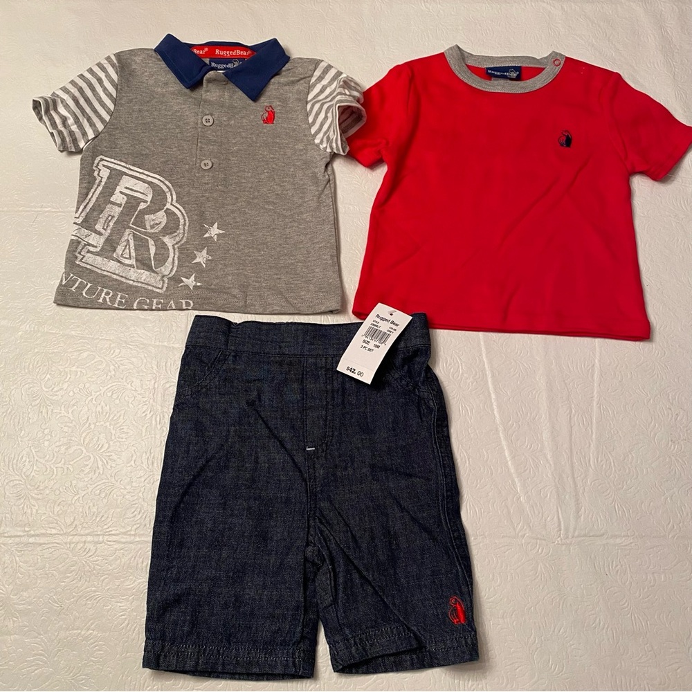 Rugged Bear 3 Piece Infant Outfit- 2 Short Sleeve Shirts/1 Shorts- 18 mon- NWT